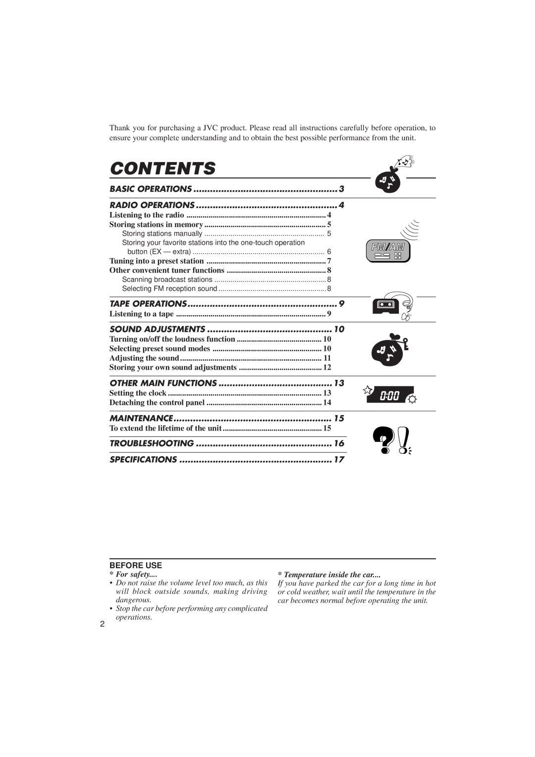 JVC KS F100 manual Contents 