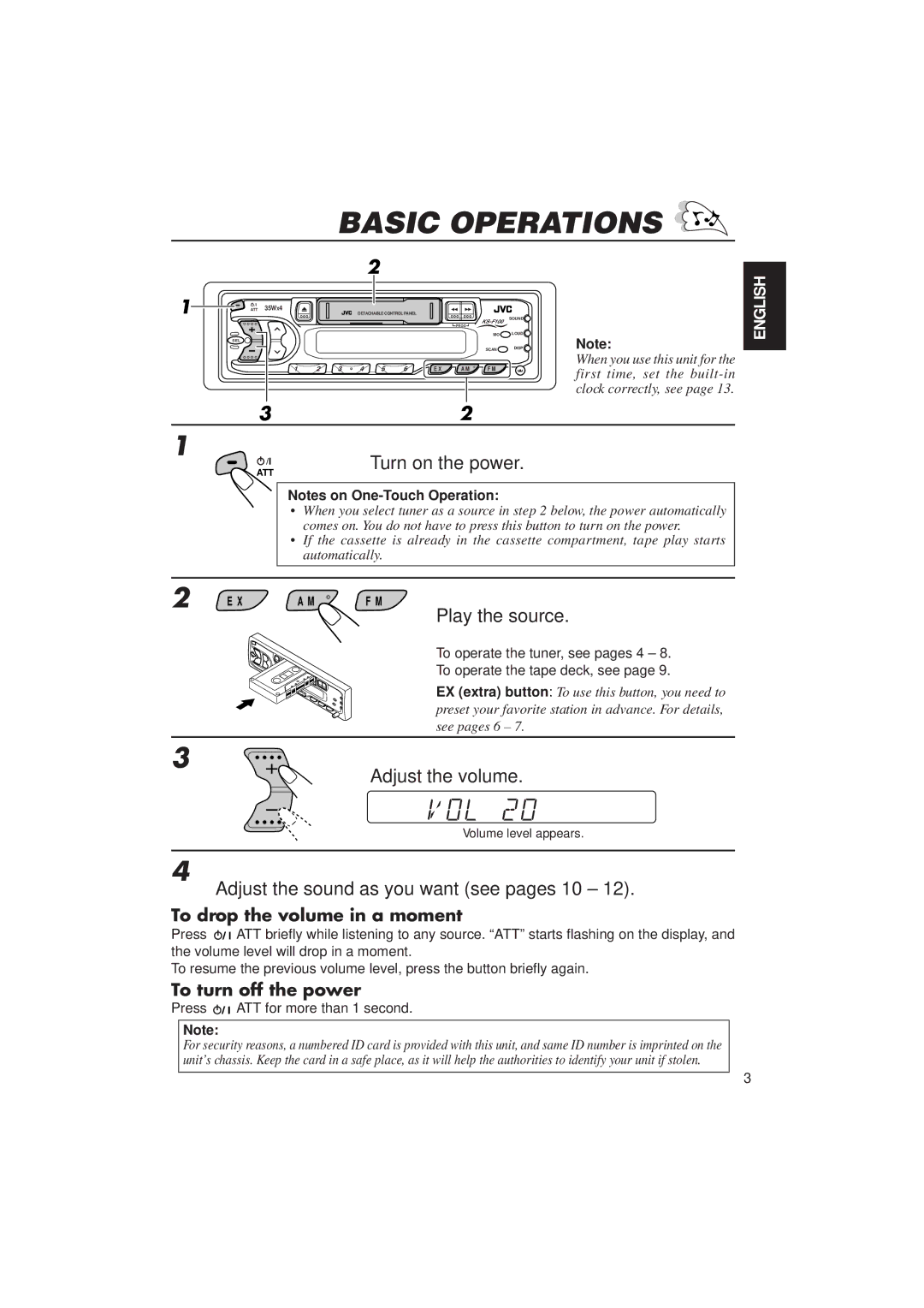 JVC KS F100 manual Basic Operations, Turn on the power, Play the source, Adjust the volume 