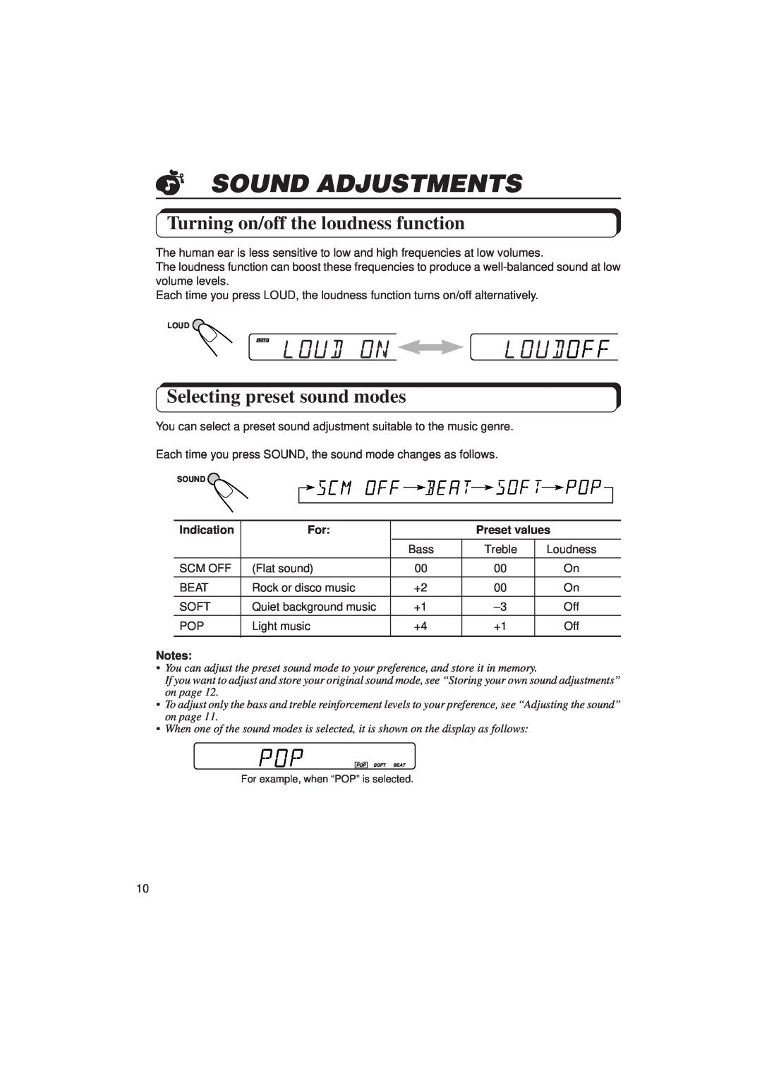 JVC KS F100 manual Sound Adjustments, Turning on/off the loudness function, Selecting preset sound modes, Indication 
