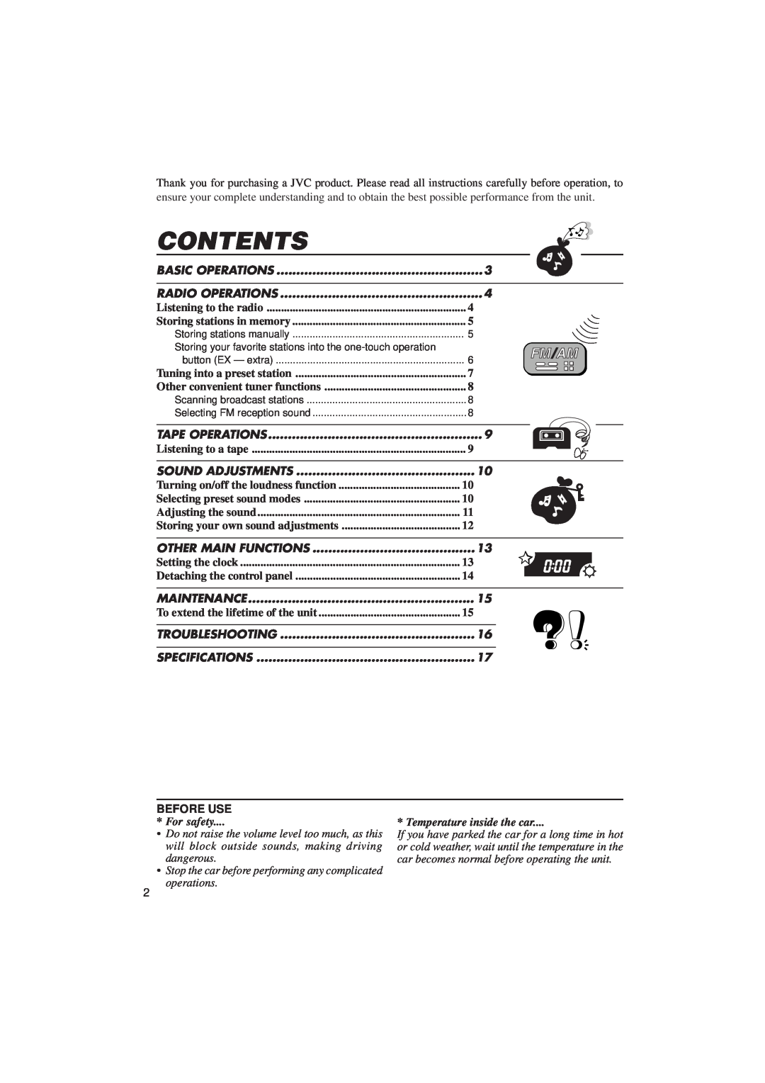 JVC KS F100 manual Contents, Before Use, For safety, Temperature inside the car 