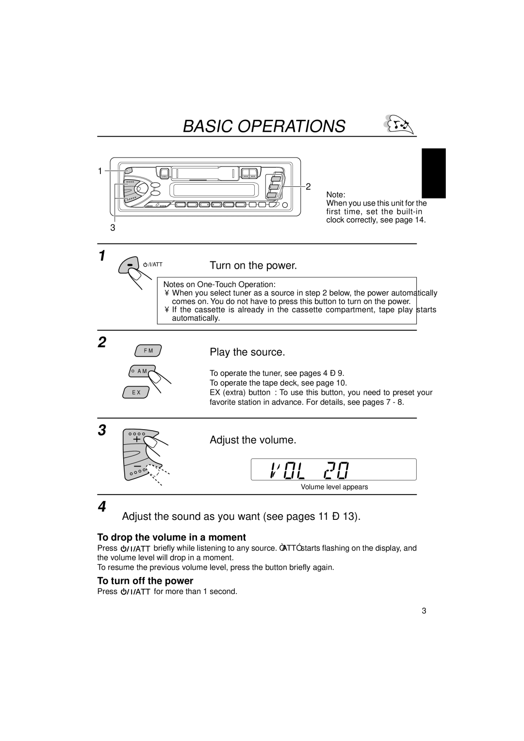 JVC KS-F150 manual Basic Operations, Play the source, Adjust the volume, Adjust the sound as you want see pages 11 