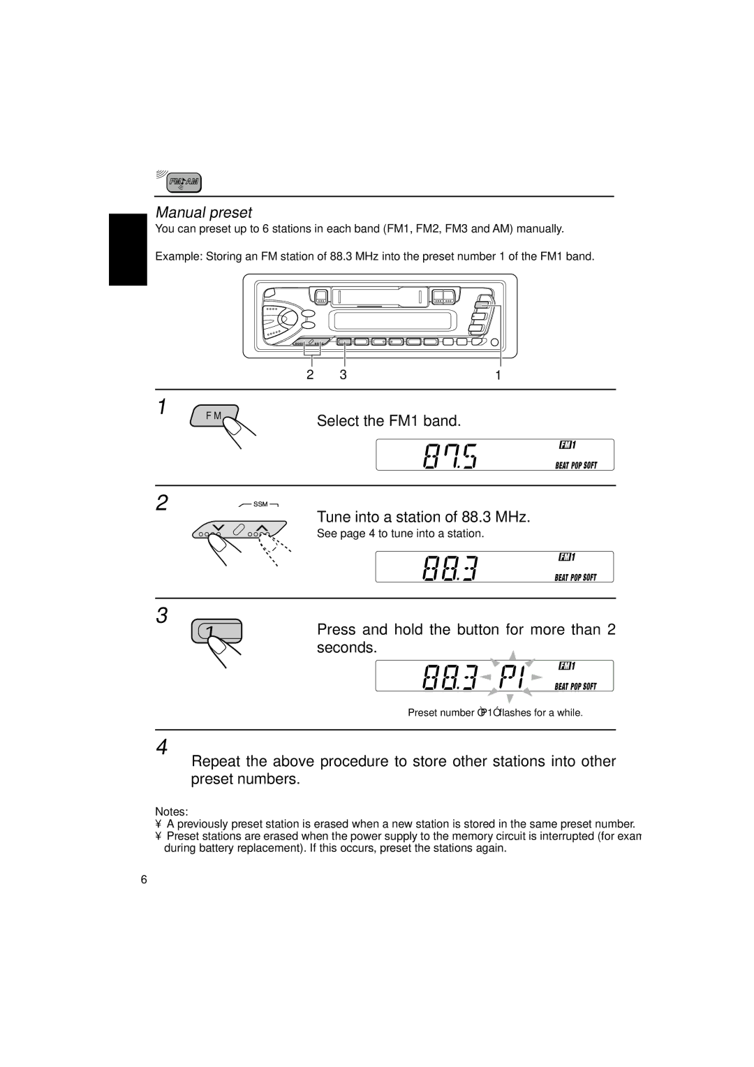 JVC KS-F150 manual Manual preset, Tune into a station of 88.3 MHz 