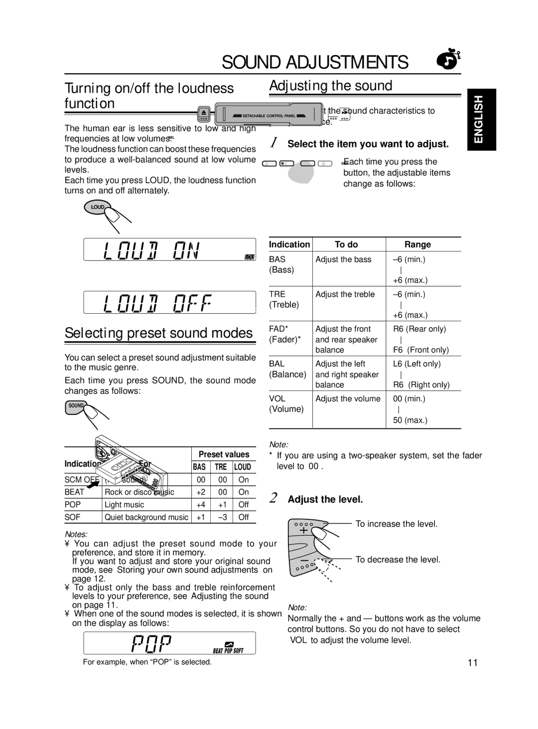 JVC KS-F160 manual Sound Adjustments, Turning on/off the loudness function, Adjusting the sound, Adjust the level 