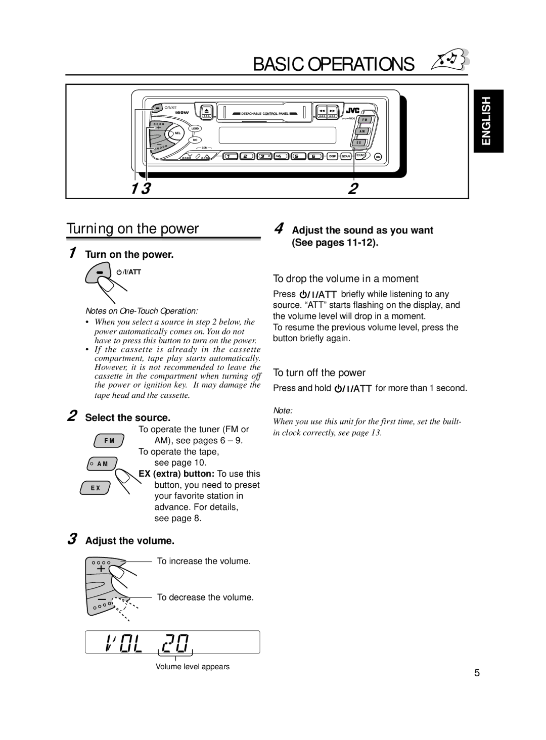 JVC KS-F160 manual Basic Operations, Turning on the power, To drop the volume in a moment, To turn off the power 