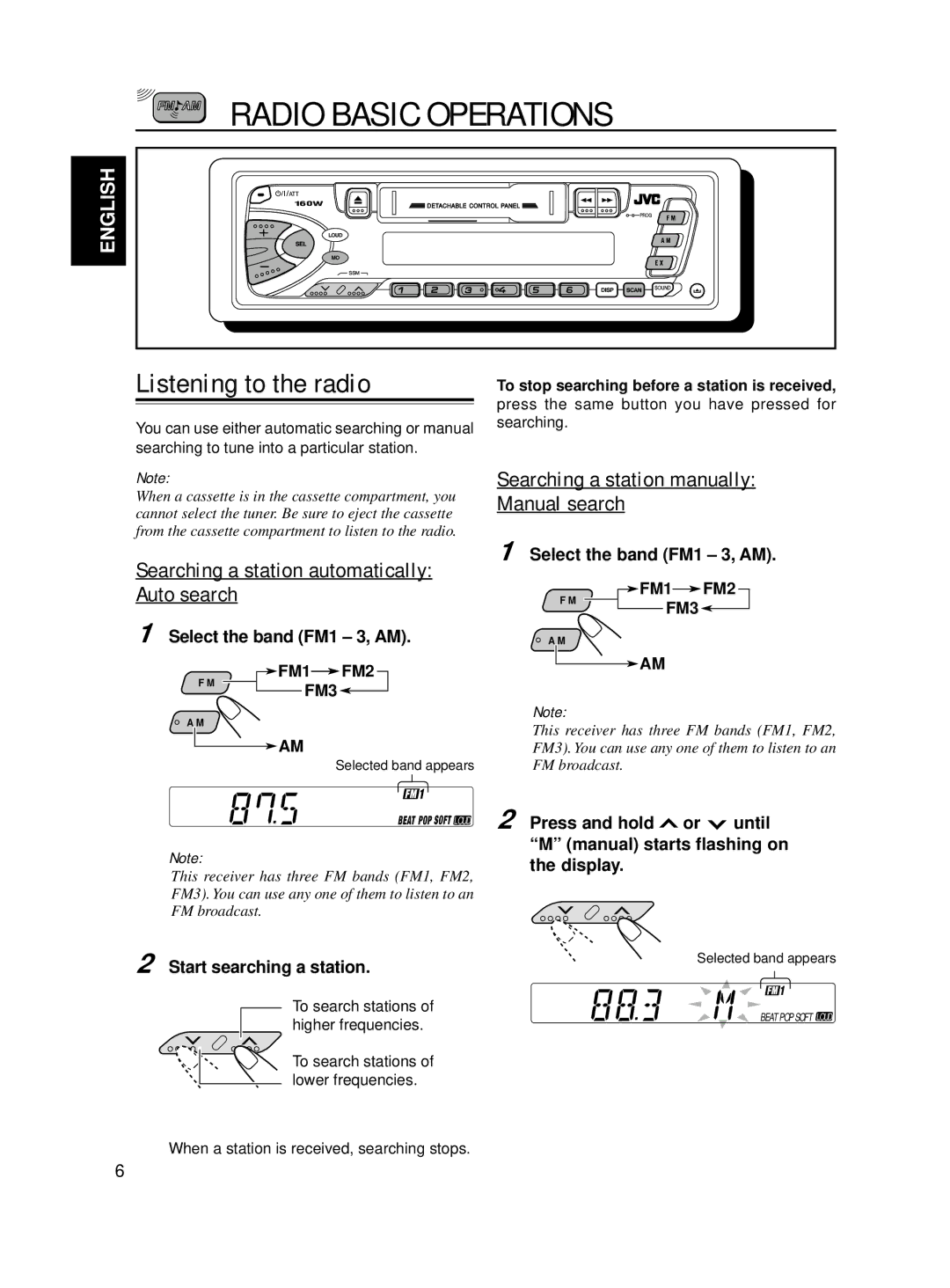 JVC KS-F160 manual Radio Basic Operations, Listening to the radio, Searching a station automatically Auto search 