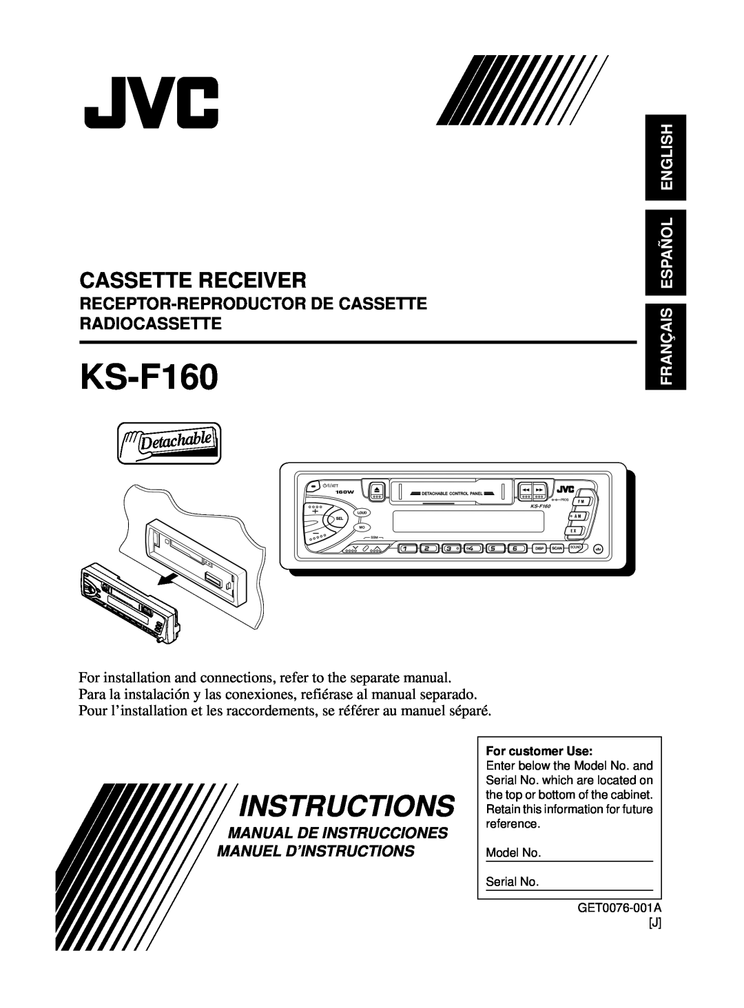 JVC KS-F160 manual Cassette Receiver, Receptor-Reproductorde Cassette Radiocassette, Français Español English 
