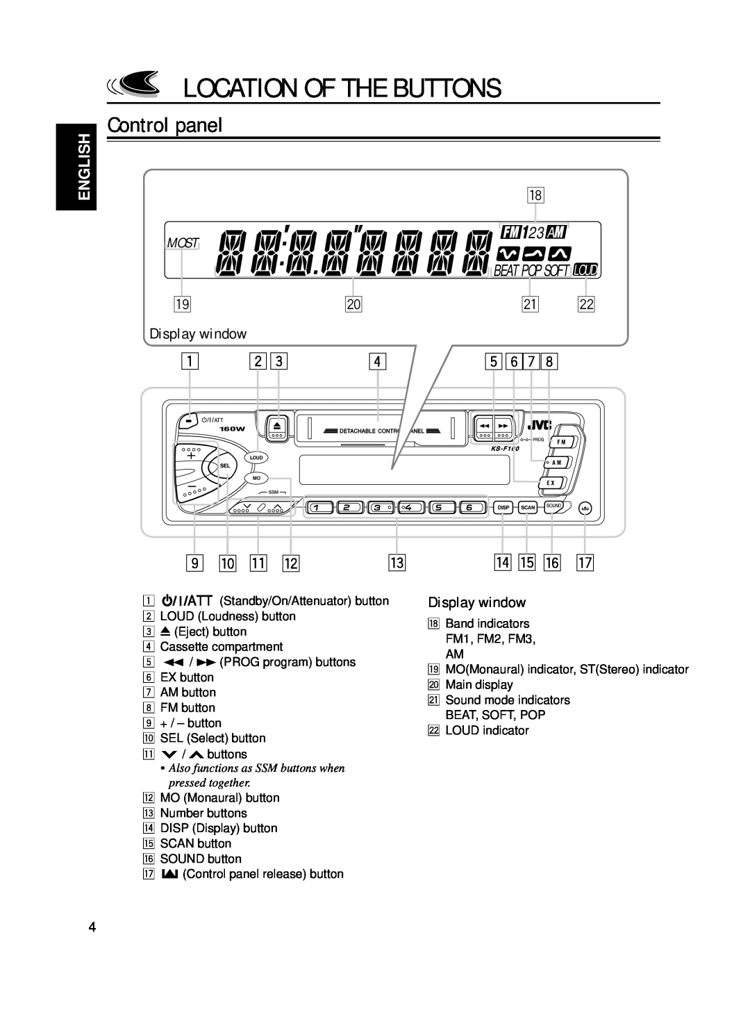 JVC KS-F160 manual Location Of The Buttons, Control panel, Display window, p q w, r t y u, 23 A, English, Most, Pty Tp 
