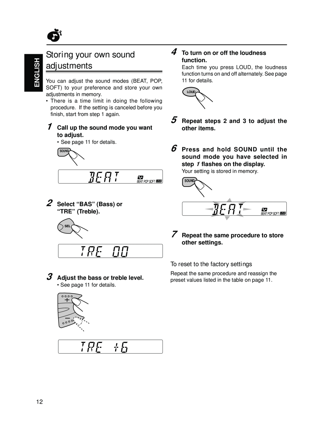 JVC KS-F160 manual Storing your own sound, adjustments, To reset to the factory settings, Call up the sound mode you want 