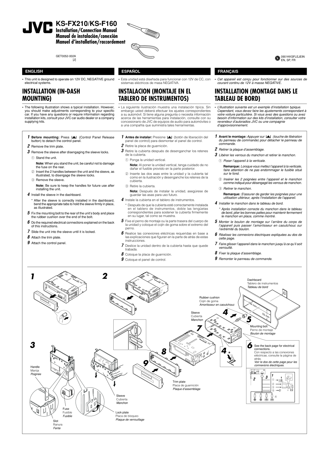 JVC manual KS-FX210/KS-F160, Installation In-Dash Mounting, English, Español, Français, Installation/Connection Manual 