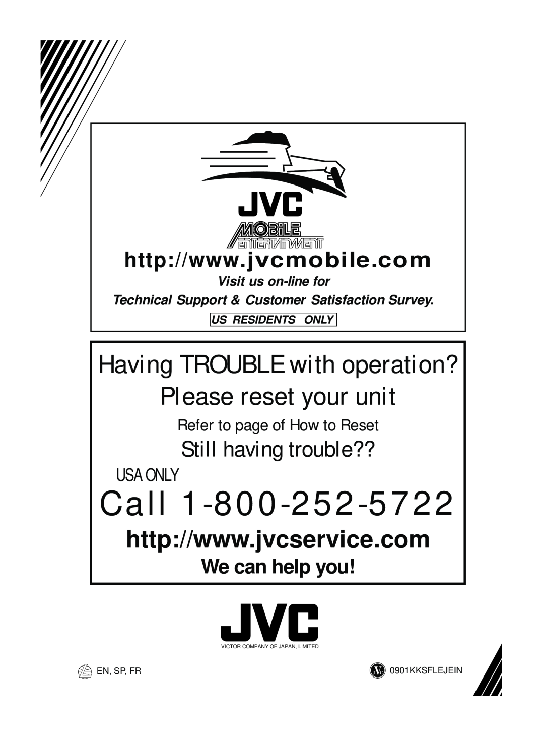 JVC KS-F160 We can help you, Us Residents Only, Call, Please reset your unit, Having TROUBLE with operation?, Usa Only 