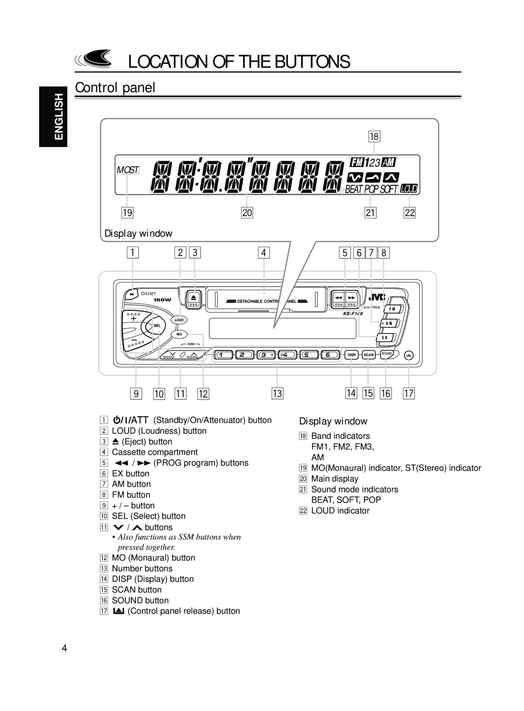 JVC KS-F160 manual Location Of The Buttons, Control panel, Display window, p q w, r t y u, 23 A, English, Most, Pty Tp 