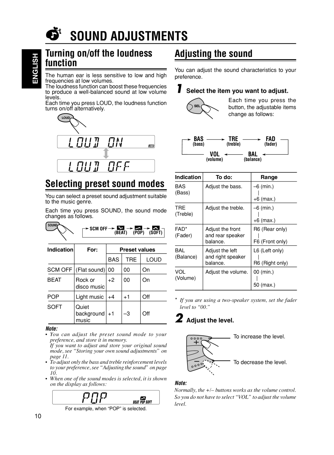 JVC KS-F161 manual Sound Adjustments, Turning on/off the loudness function, Adjusting the sound, Adjust the level 