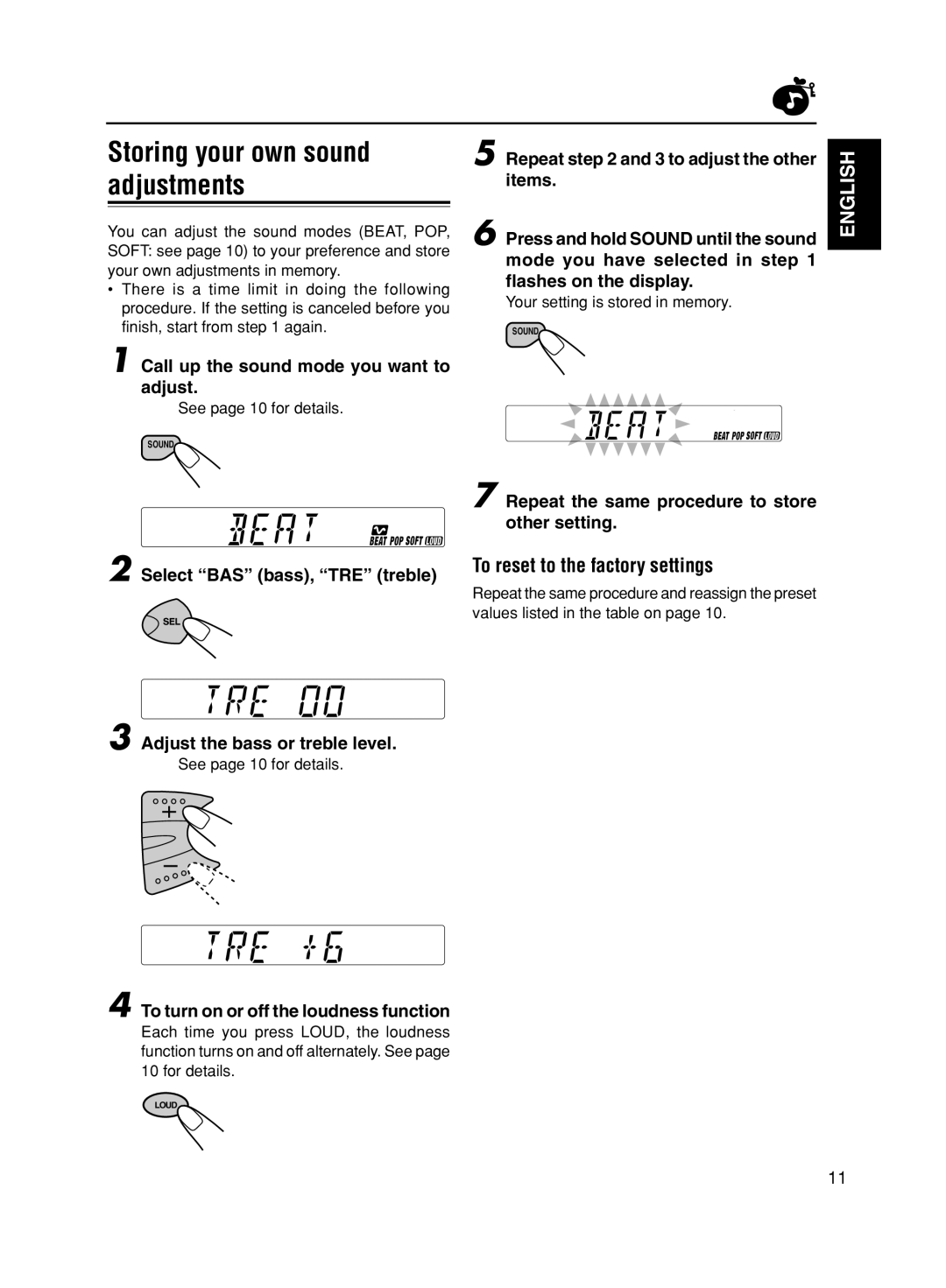 JVC KS-F161 manual Storing your own sound, Adjustments, To reset to the factory settings 