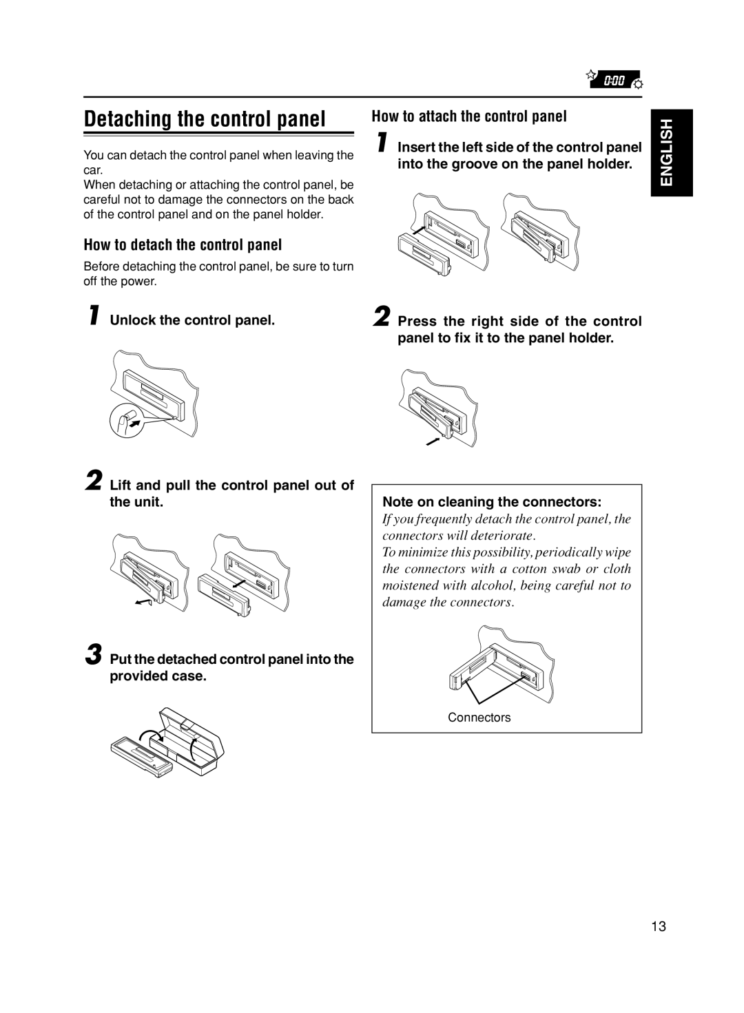 JVC KS-F161 manual How to detach the control panel, How to attach the control panel, Connectors 