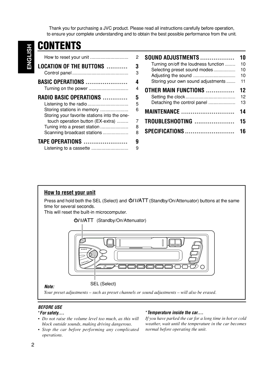 JVC KS-F161 manual Contents 