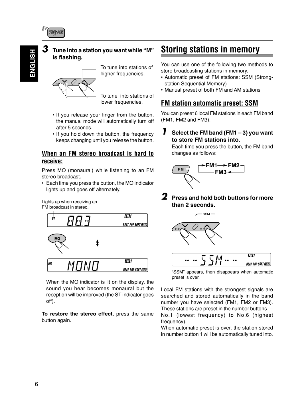 JVC KS-F161 manual Storing stations in memory, When an FM stereo broadcast is hard to receive 