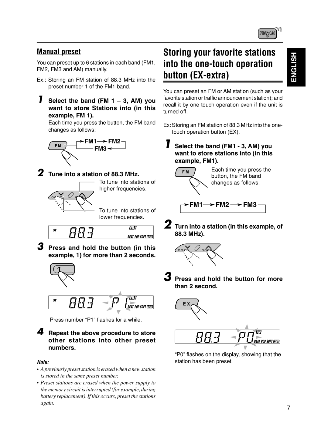 JVC KS-F161 manual FM1 FM2 FM3, Tune into a station of 88.3 MHz 