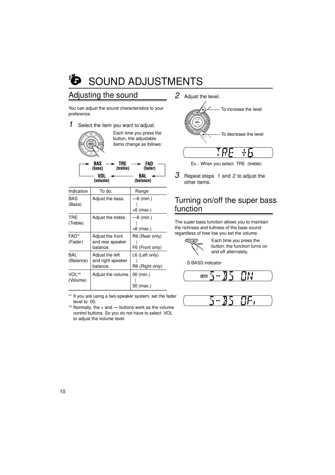 JVC KS-F184 manual Sound Adjustments, Adjusting the sound, Turning on/off the super bass function 