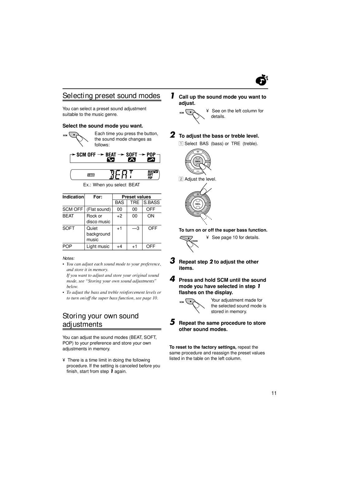 JVC KS-F184 Storing your own sound adjustments, Select the sound mode you want, Call up the sound mode you want to adjust 