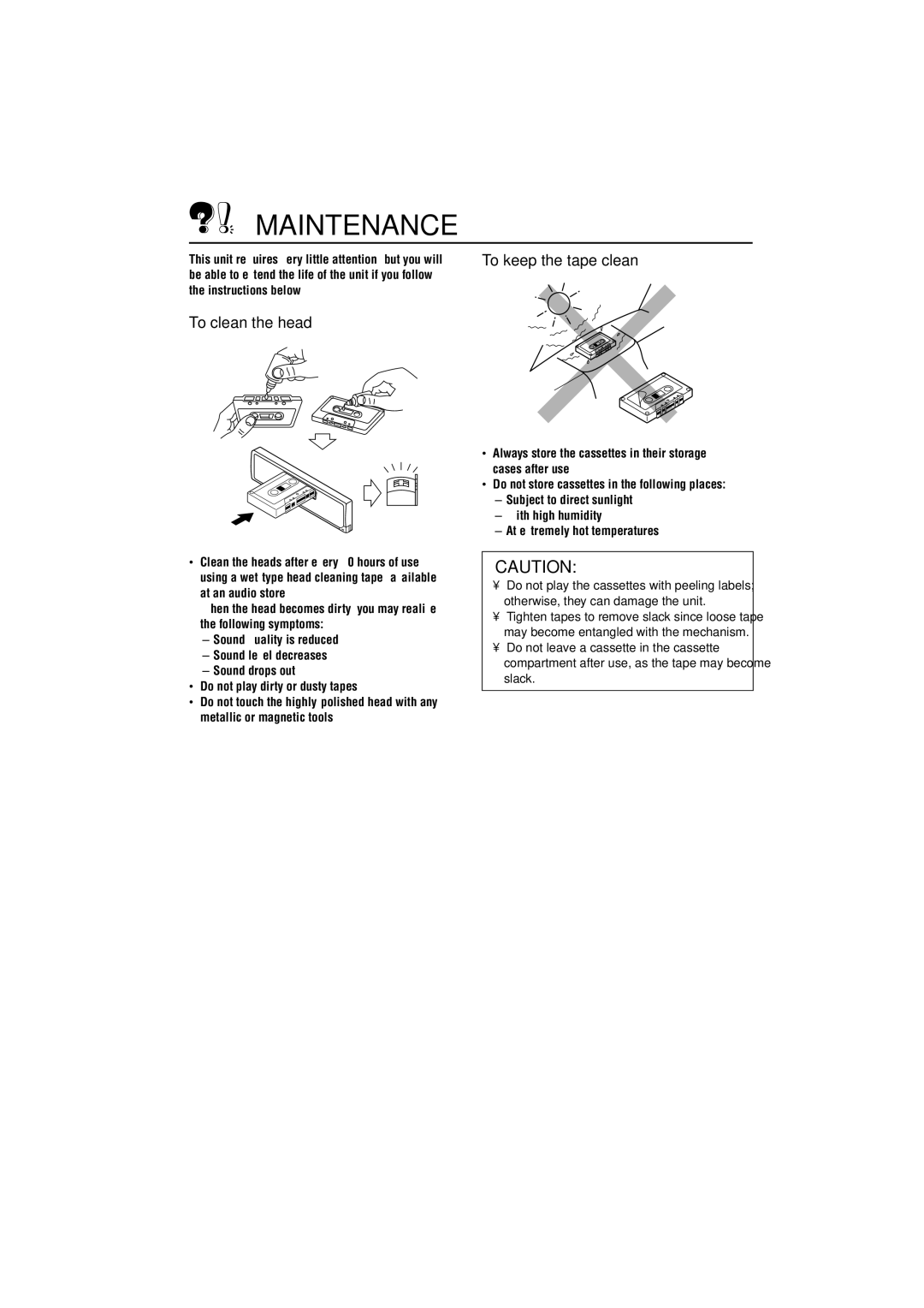 JVC KS-F184 manual Maintenance, To clean the head To keep the tape clean 