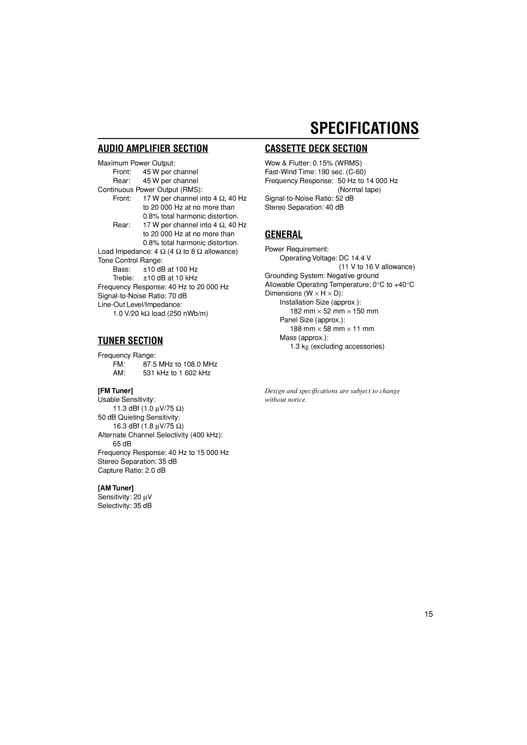 JVC KS-F184 manual Specifications, FM Tuner, AM Tuner 