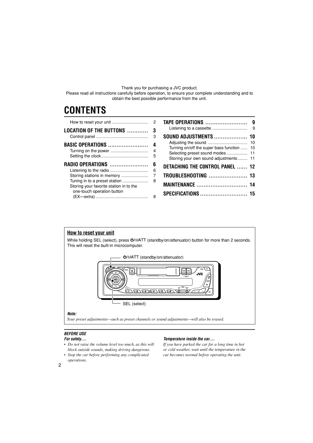 JVC KS-F184 manual Contents 