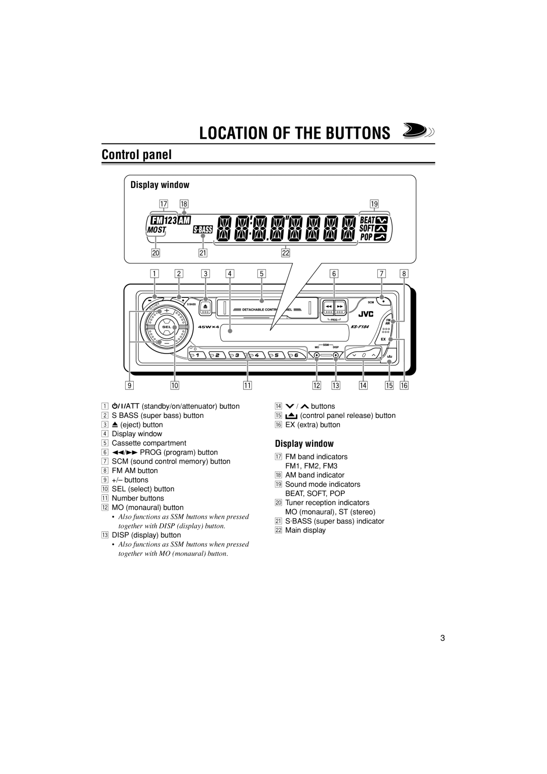 JVC KS-F184 manual Location of the Buttons, Control panel, Display window 