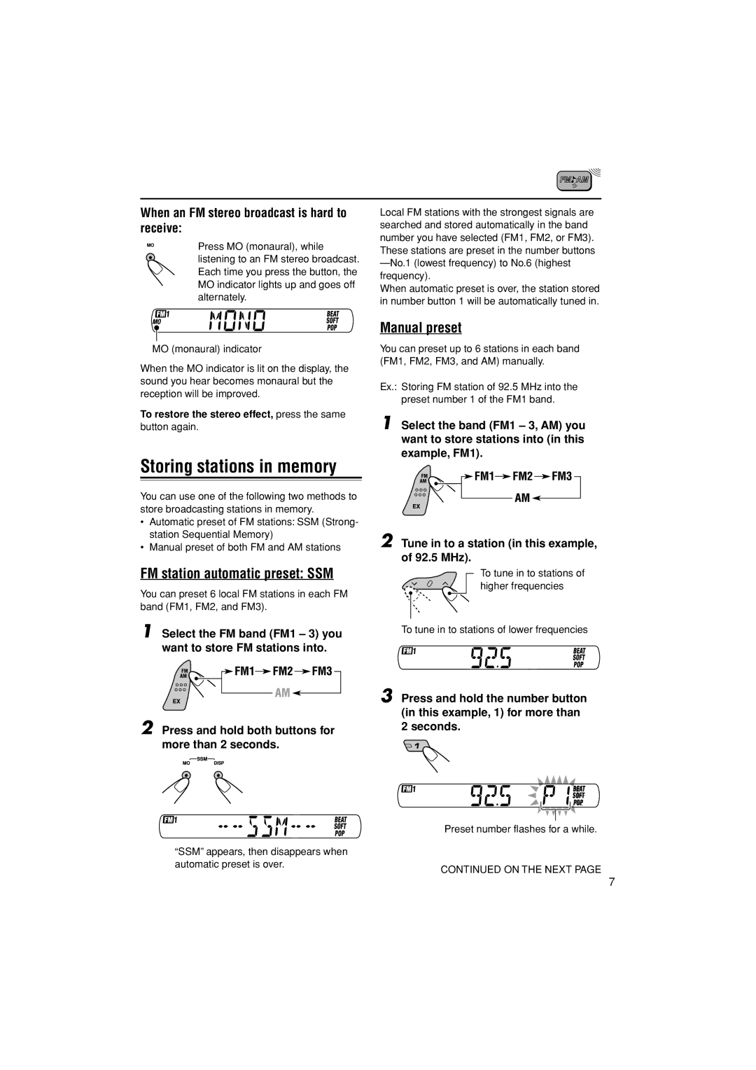 JVC KS-F184 manual Storing stations in memory, When an FM stereo broadcast is hard to receive 