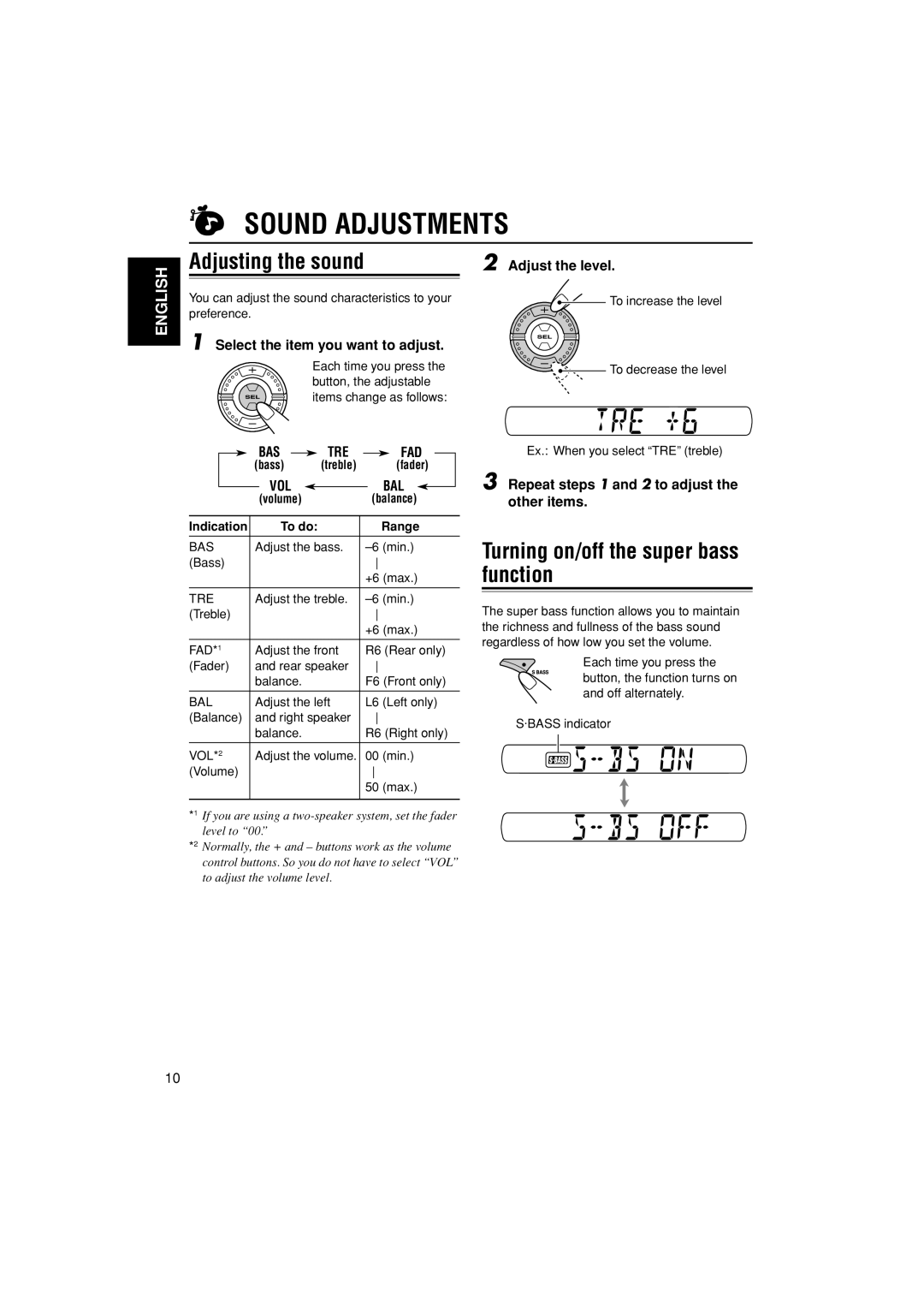 JVC KS-F185 manual Sound Adjustments, Adjusting the sound, Turning on/off the super bass function 