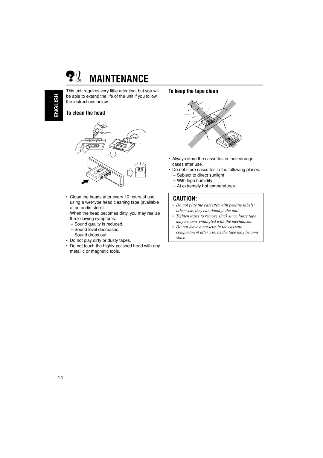 JVC KS-F185 manual Maintenance, To clean the head To keep the tape clean 