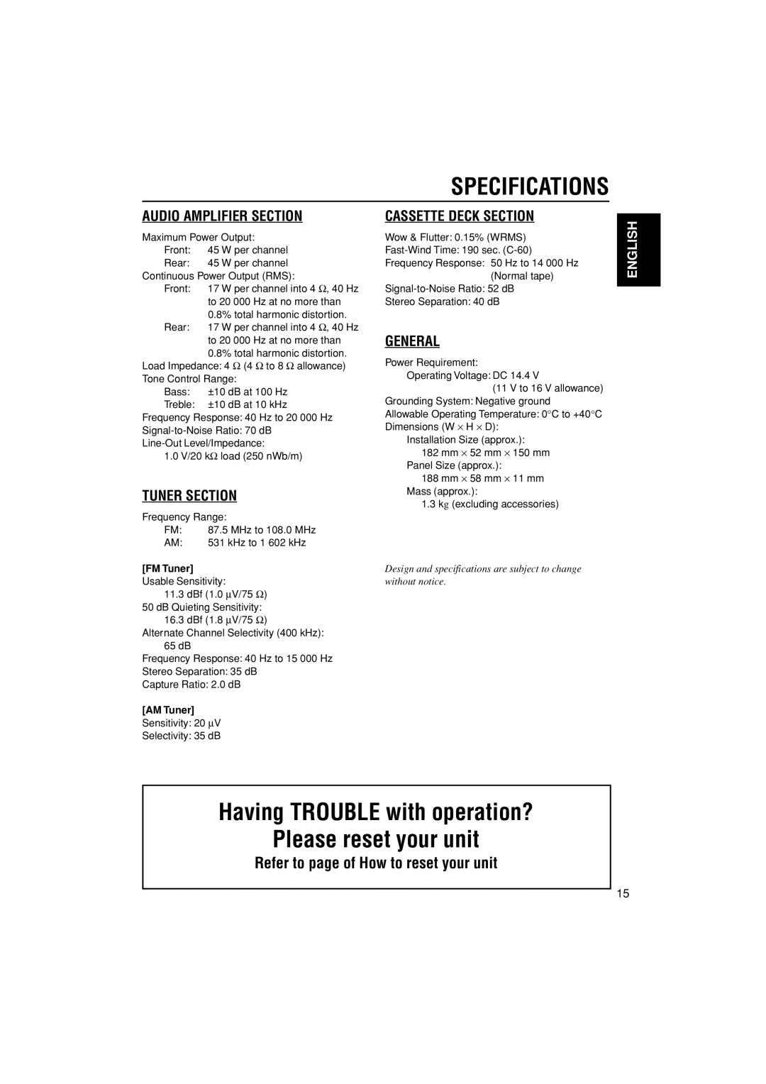 JVC KS-F185 manual Specifications, AM Tuner 