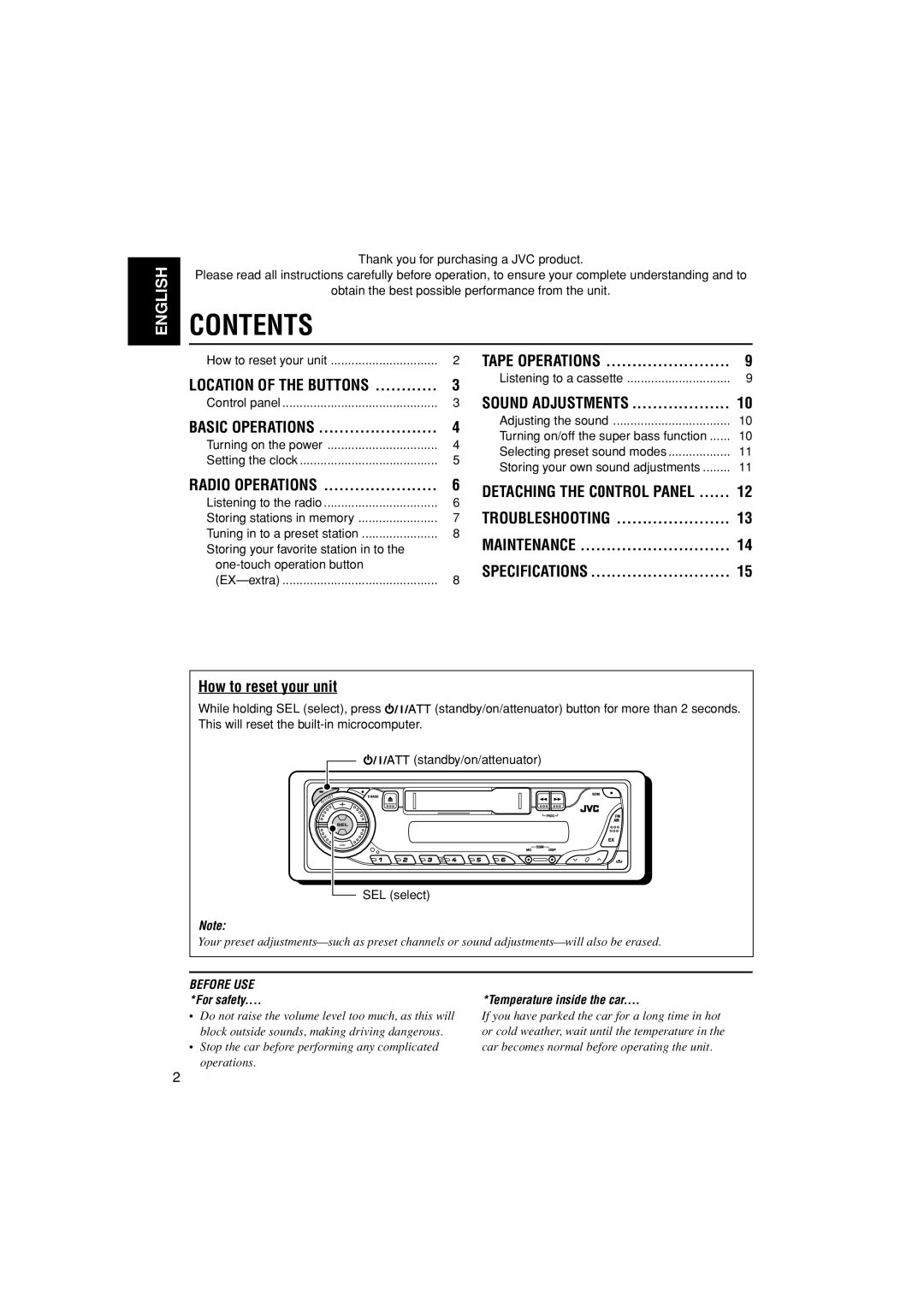 JVC KS-F185 manual Contents 