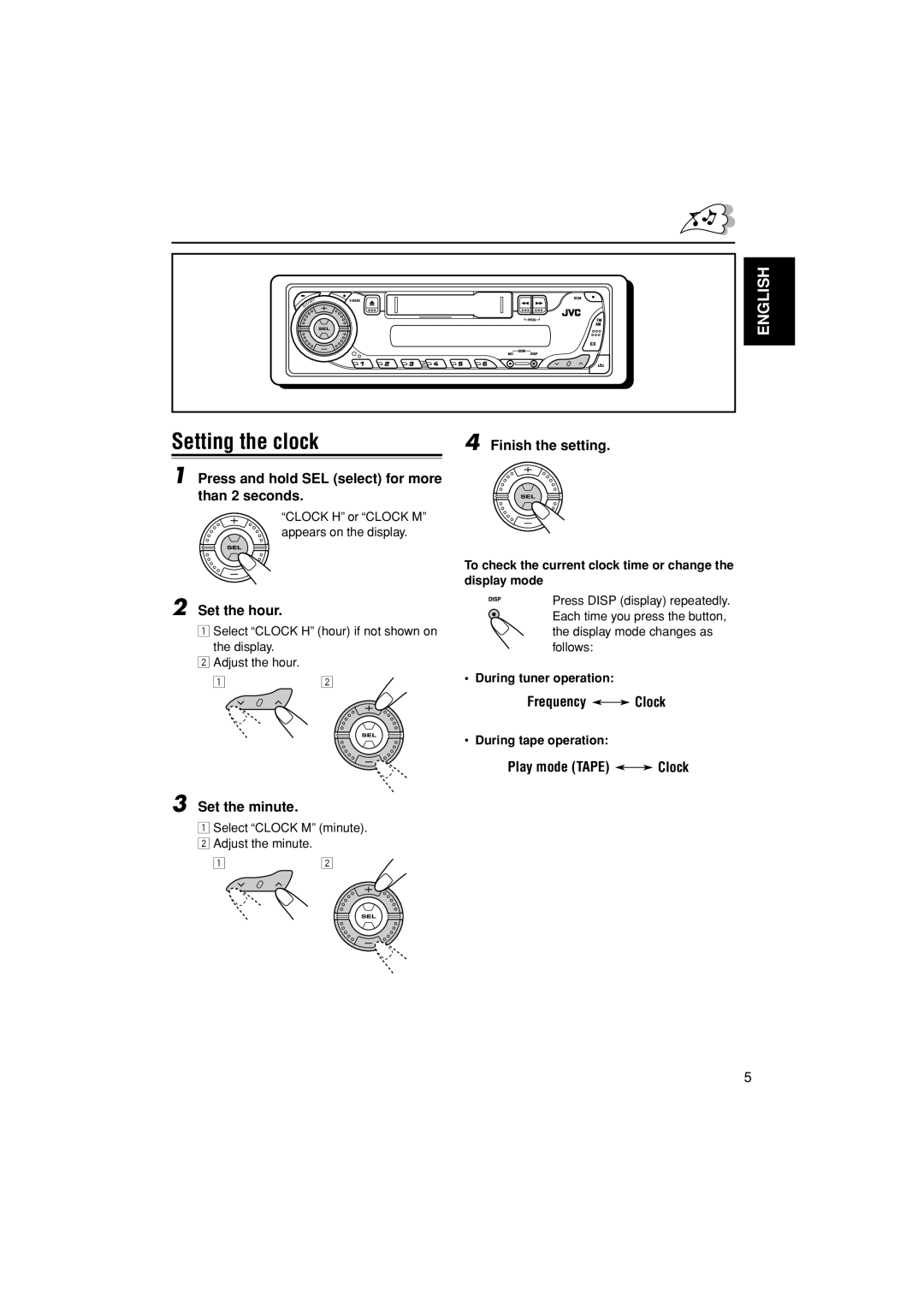 JVC KS-F185 manual Setting the clock 