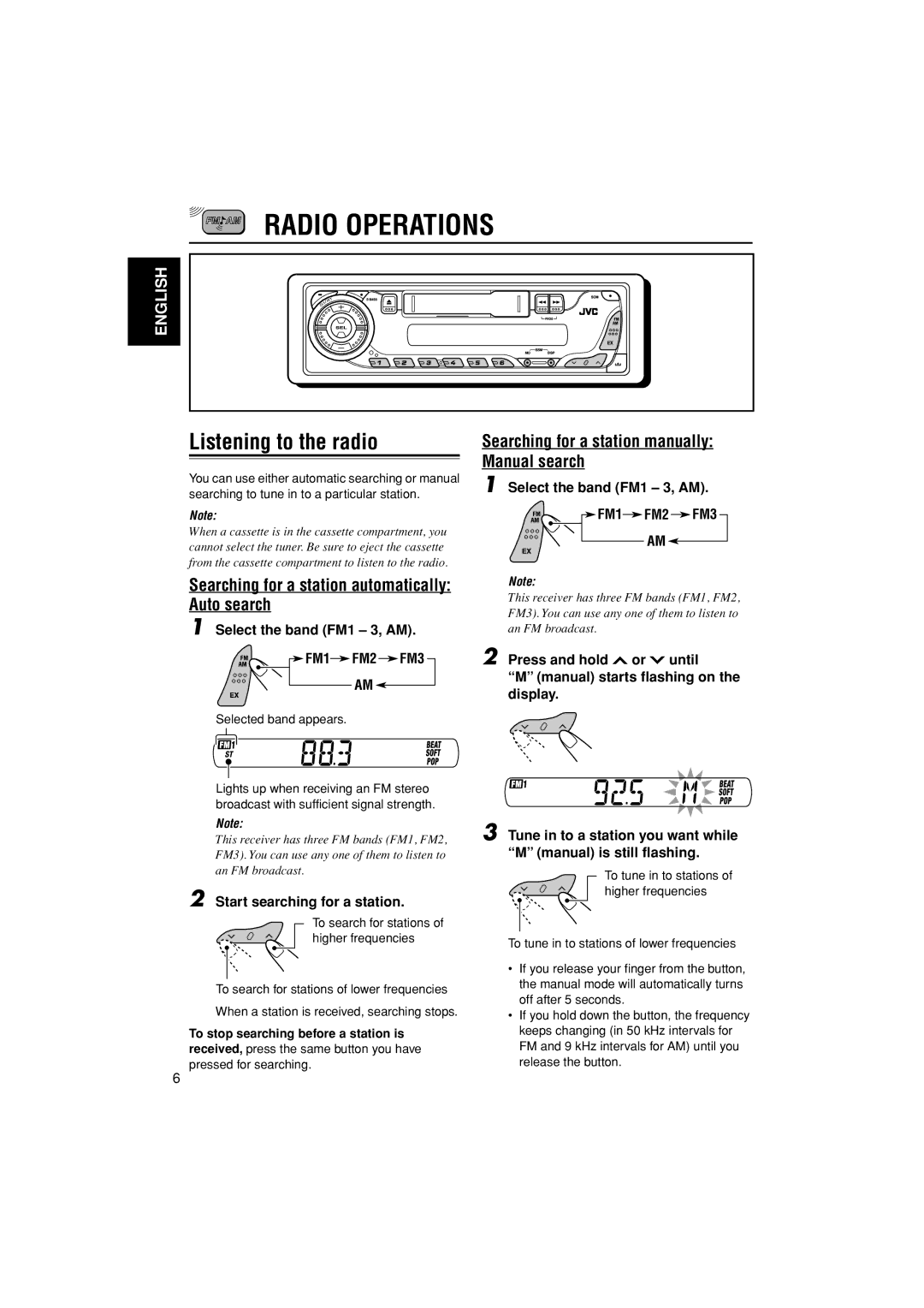 JVC KS-F185 manual Radio Operations, Select the band FM1 3, AM FM1 FM2 FM3 