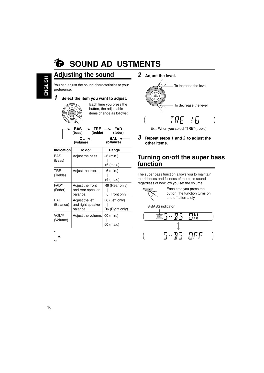 JVC KS-F185 manual Sound Adjustments, Volume Balance Indication To do Range 