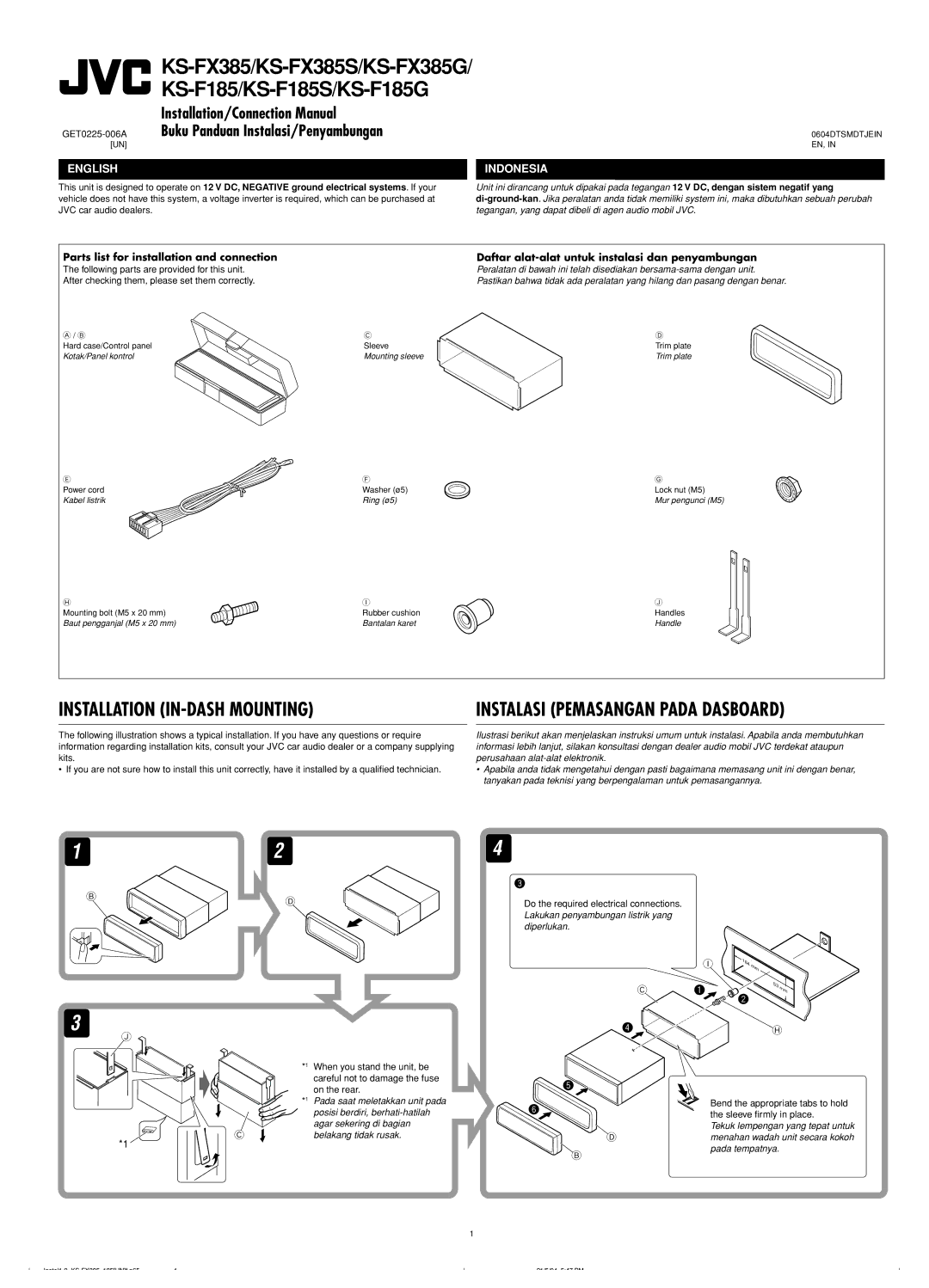 JVC KS-F185 manual Instalasi Pemasangan Pada Dasboard 