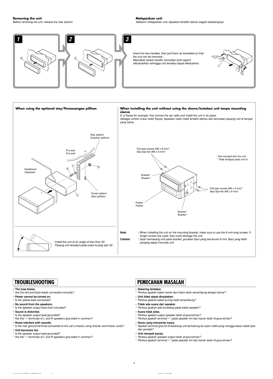 JVC KS-F185 Before removing the unit, release the rear section, Catatan, Sekering terbakar, Unit tidak dapat dinyalakan 