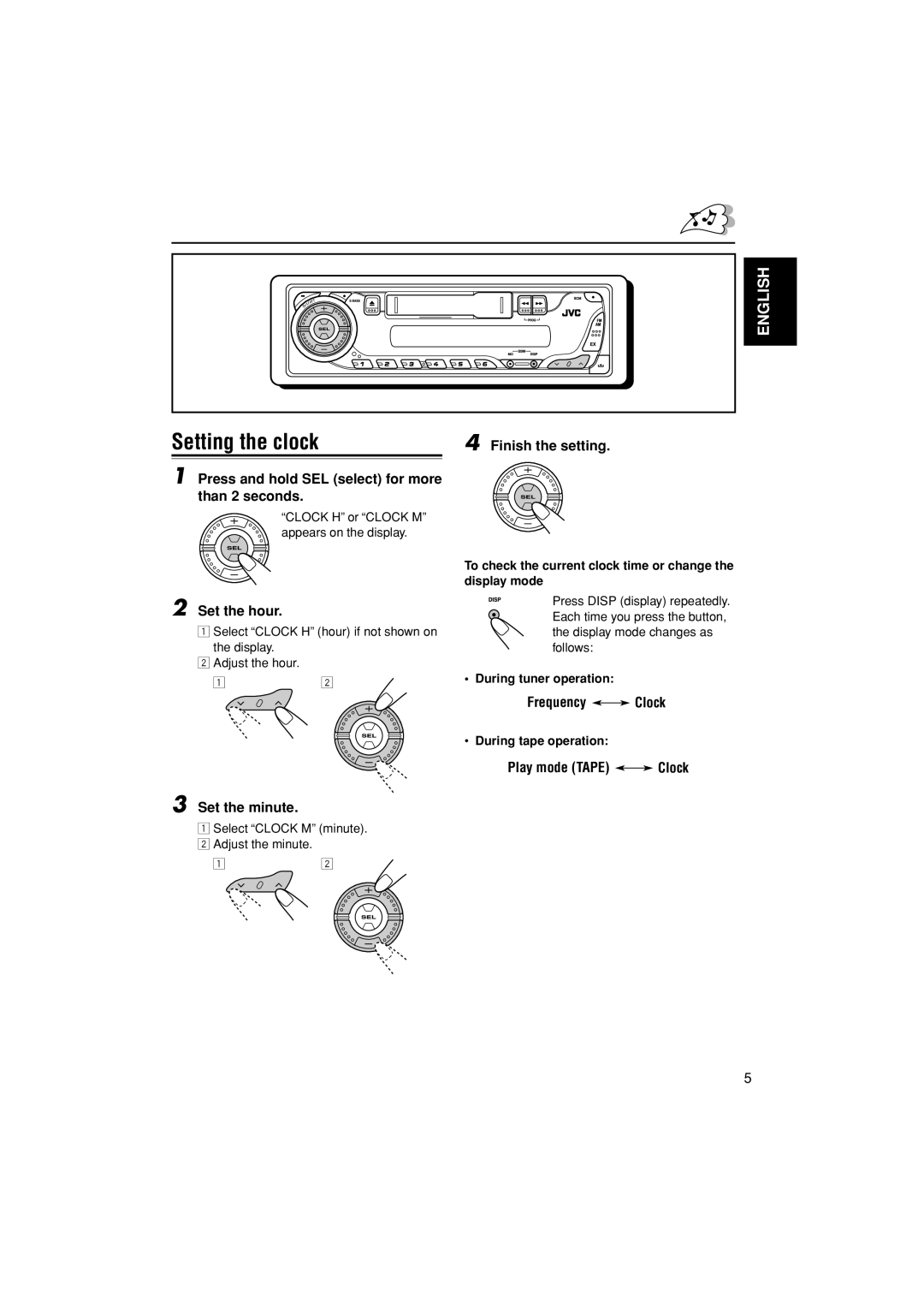 JVC KS-F185 manual Setting the clock 