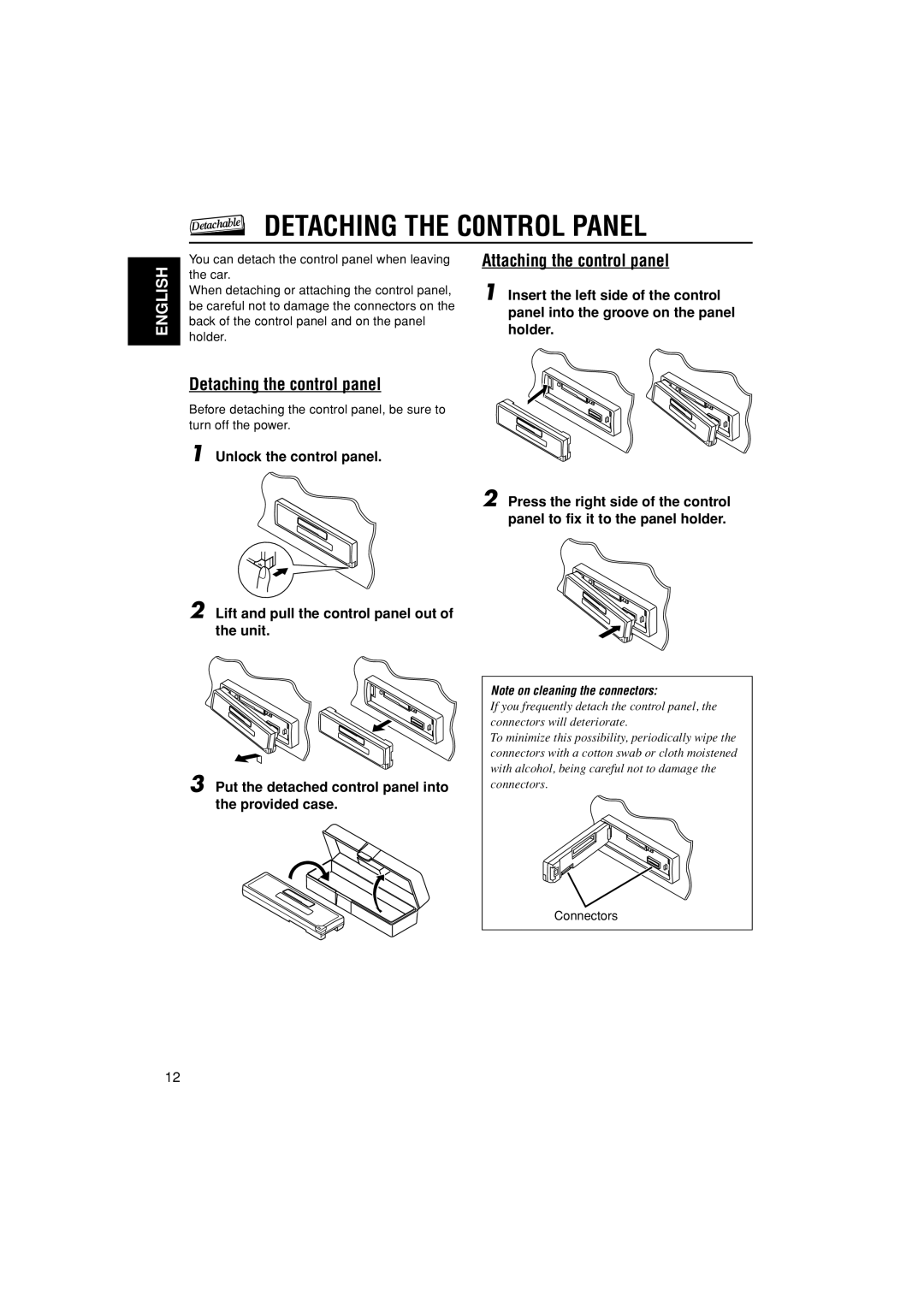 JVC KS-F185 manual DETACHING THE C0NTROL PANEL, Attaching the control panel, Detaching the control panel, English 