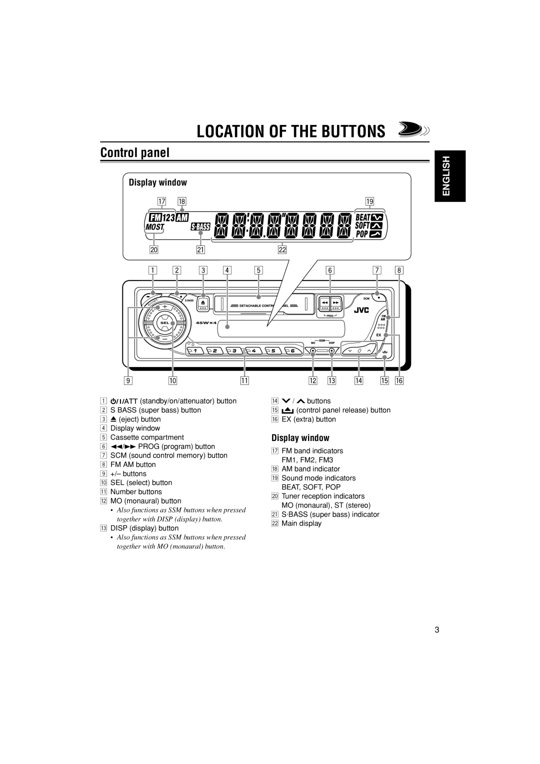 JVC KS-F185 manual Location Of The Buttons, Control panel, Display window, English 