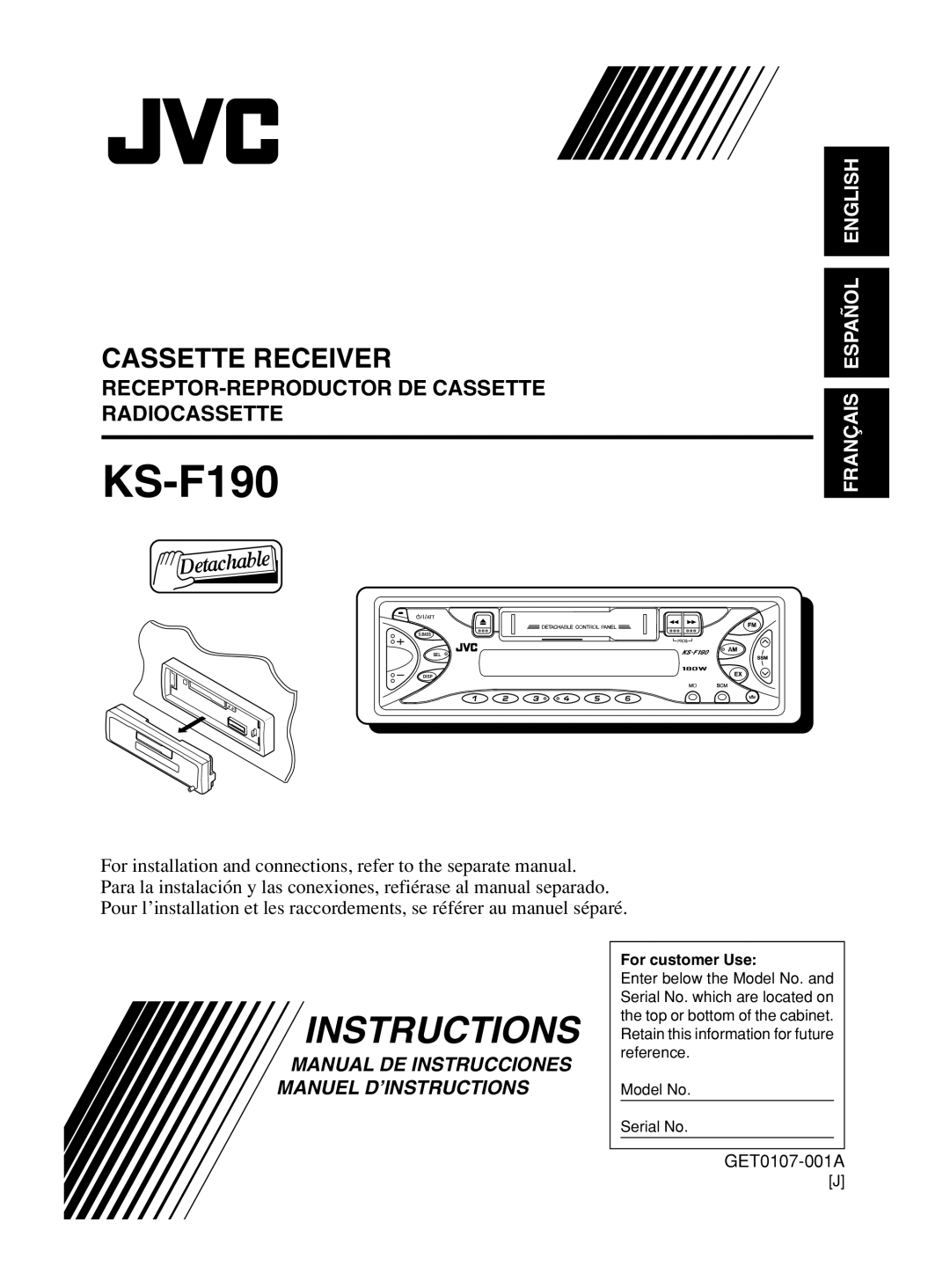 JVC KS-F190 manual For customer Use 