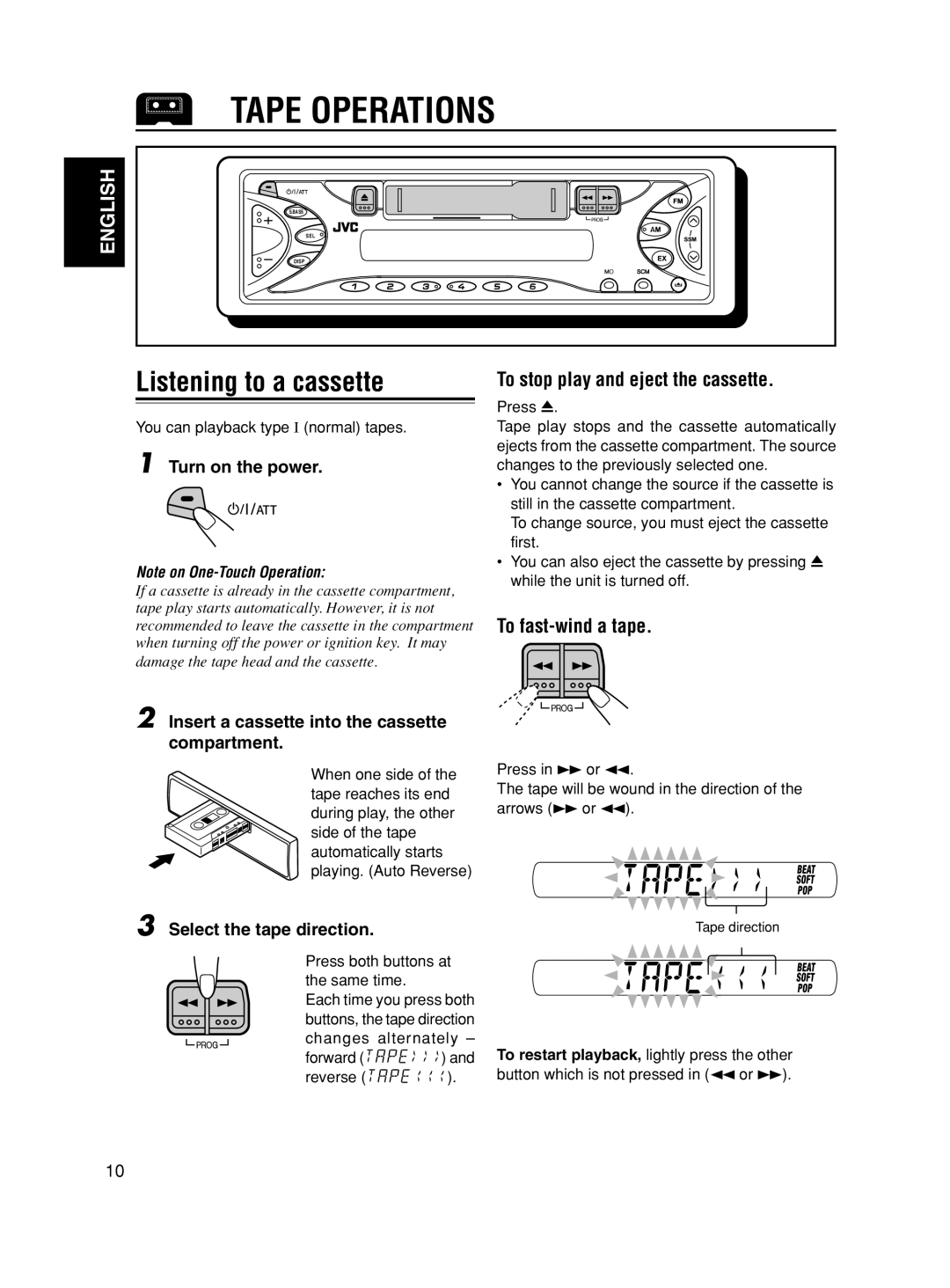 JVC KS-F190 manual Tape Operations, Listening to a cassette, To stop play and eject the cassette, To fast-wind a tape 