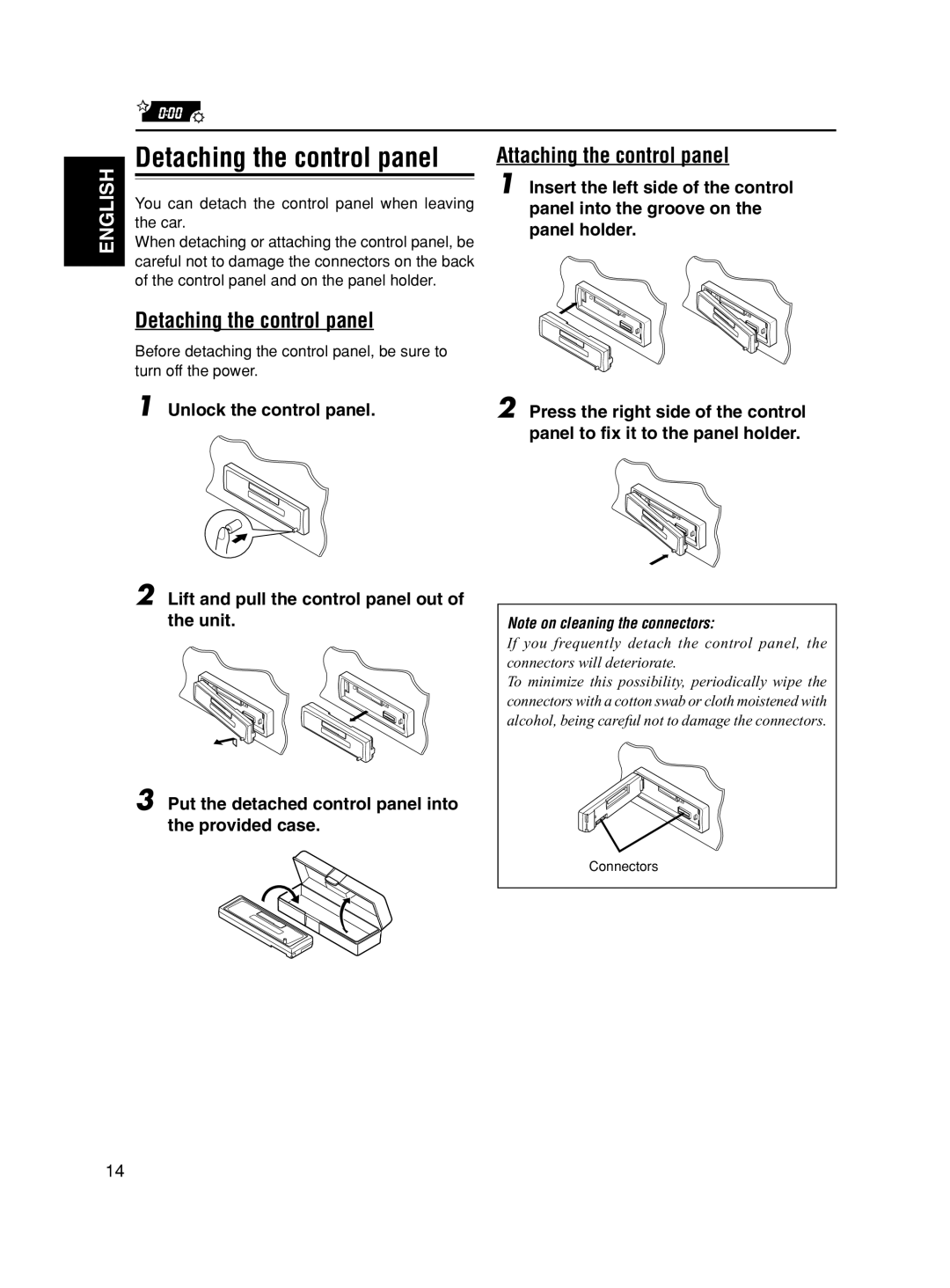 JVC KS-F190 manual Detaching the control panel, Attaching the control panel 