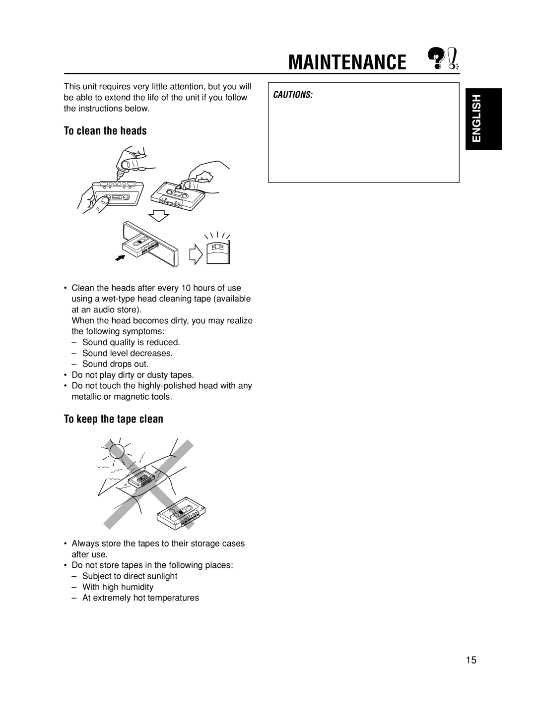 JVC KS-F190 manual Maintenance, To clean the heads, To keep the tape clean 