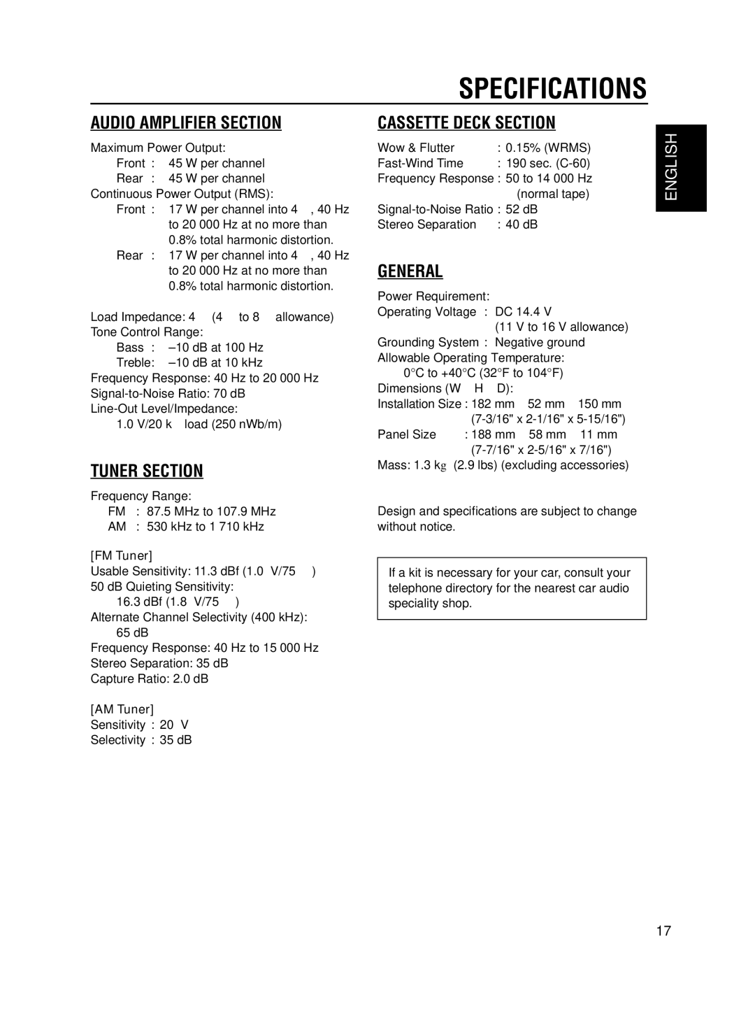 JVC KS-F190 manual Specifications, FM Tuner, AM Tuner 