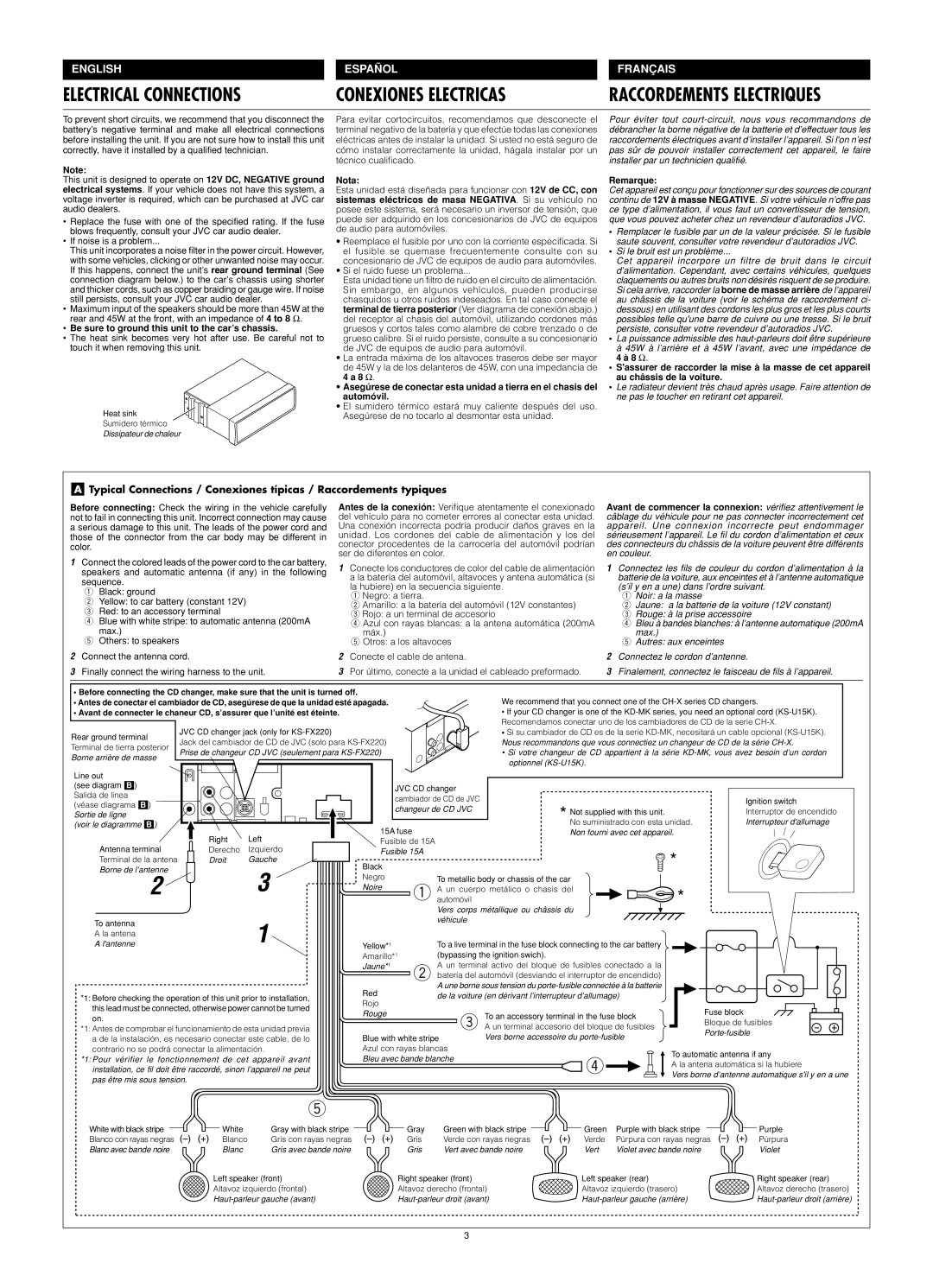 JVC KS-F190 manual Be sure to ground this unit to the car’s chassis, Nota, Remarque 