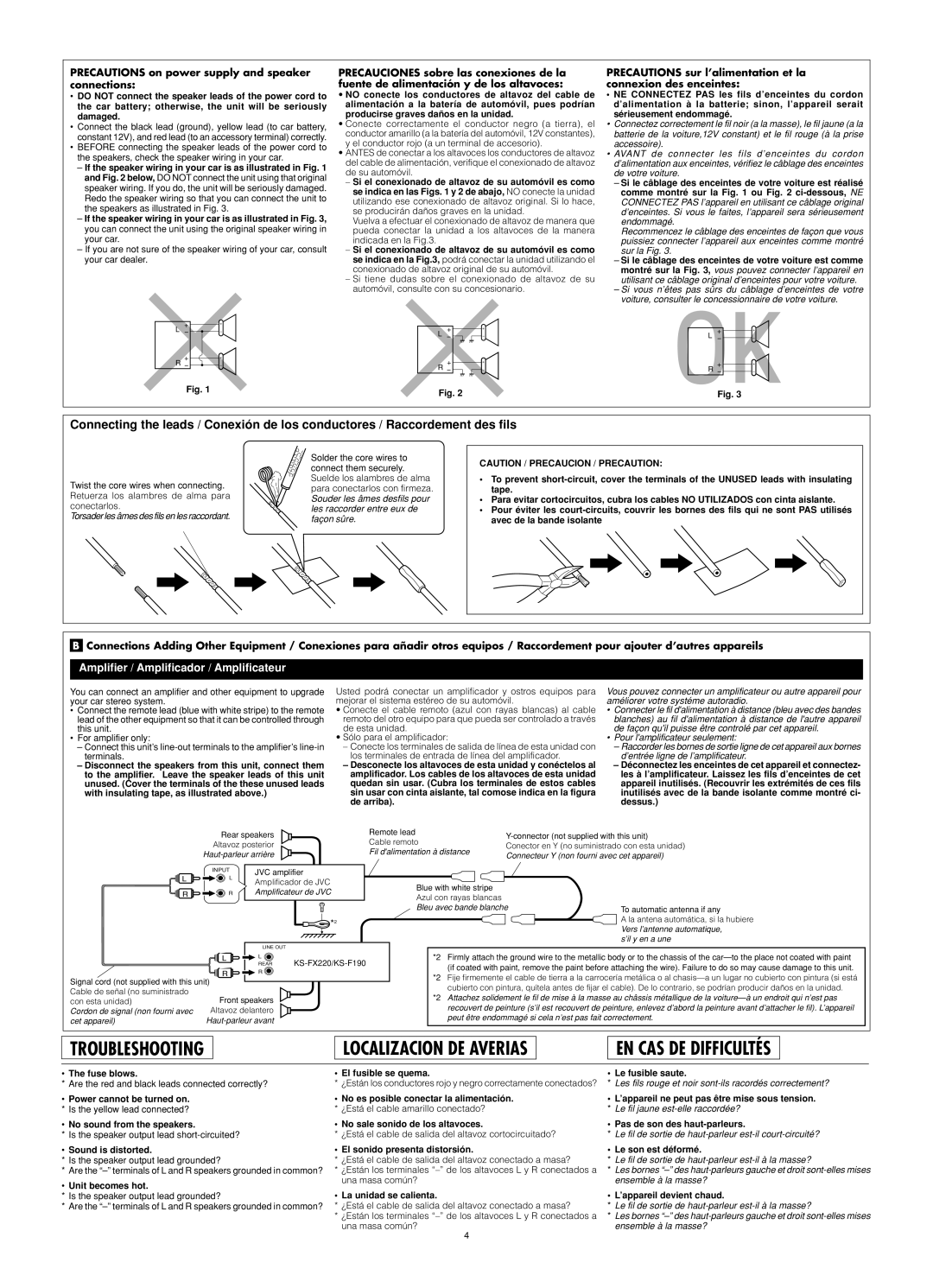 JVC KS-F190 manual Fuse blows, Sound is distorted, Unit becomes hot, El fusible se quema, El sonido presenta distorsión 