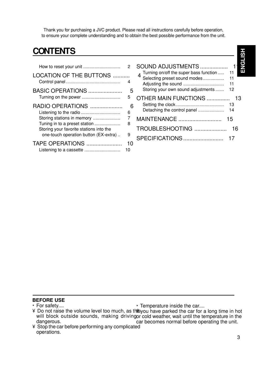 JVC KS-F190 manual Contents 