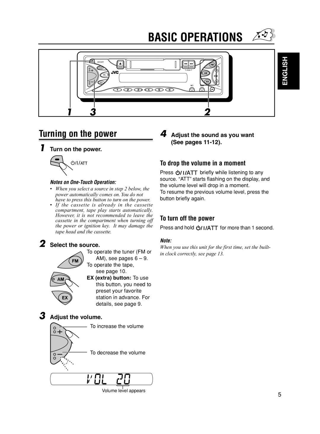 JVC KS-F190 manual Basic Operations, Turning on the power, To drop the volume in a moment, To turn off the power 