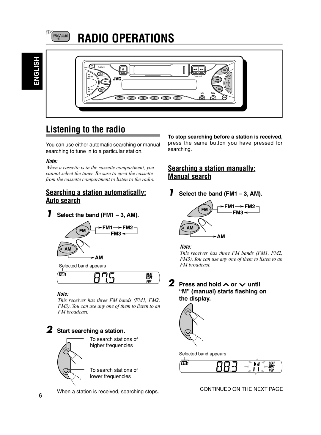 JVC KS-F190 manual Radio Operations, Listening to the radio, Searching a station automatically Auto search 